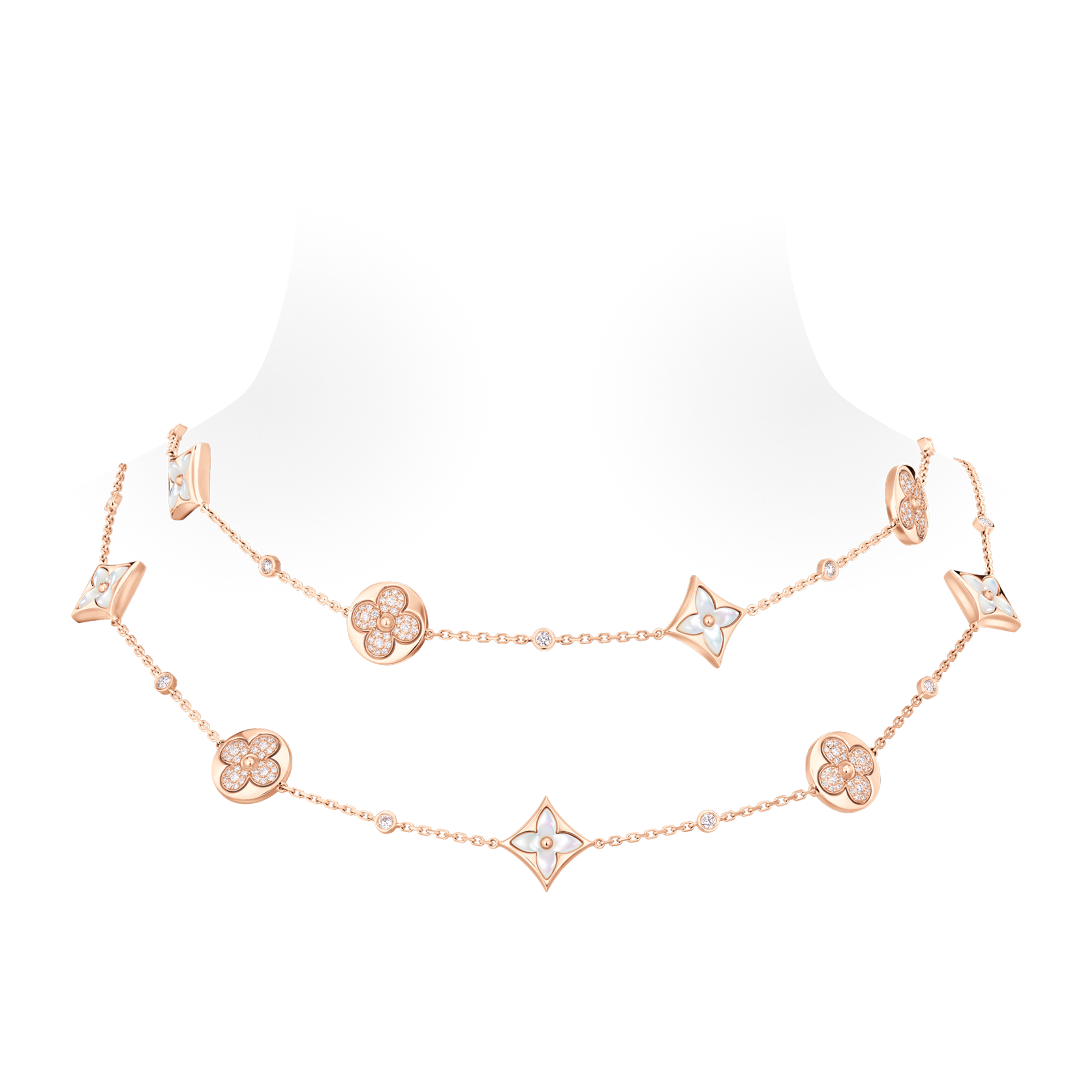 สร้อยคอยาว Color Blossom BB Star and Sun Multi-Motif พิงค์โกลด์ มาเธอร์ออฟเพิร์ลสีขาว และเพชร  in จิวเวลรี่