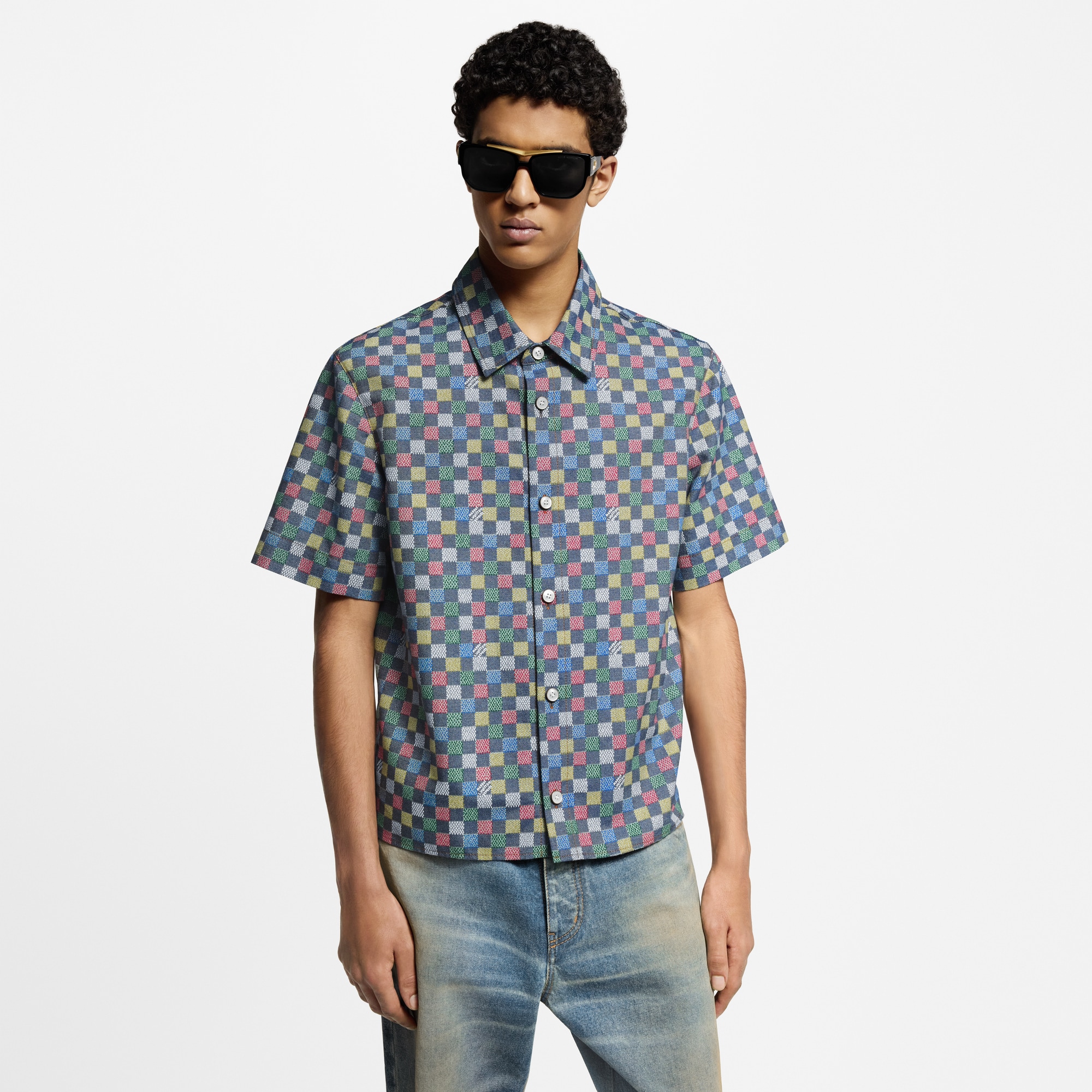 เสื้อเชิ้ตแขนสั้นผ้า Chambray ลาย Damier  in ผู้ชาย