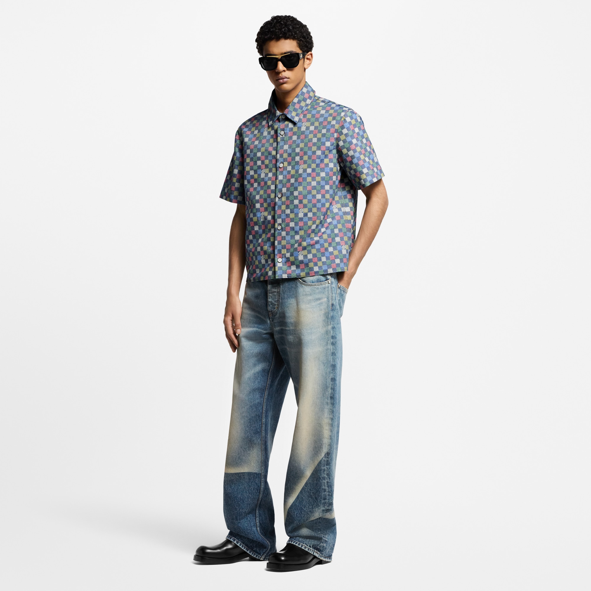 เสื้อเชิ้ตแขนสั้นผ้า Chambray ลาย Damier  in ผู้ชาย