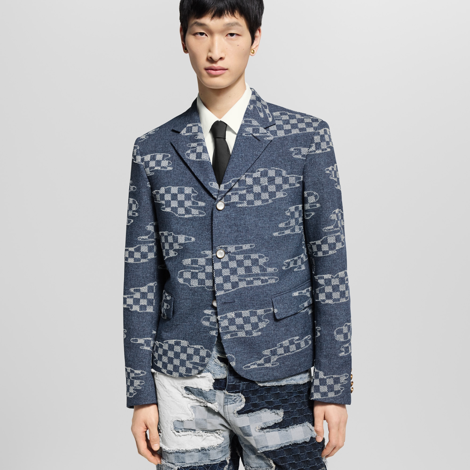 เสื้อแจ็คเก็ตครอปกระดุมแถวเดียวลาย Damier  in ผู้ชาย