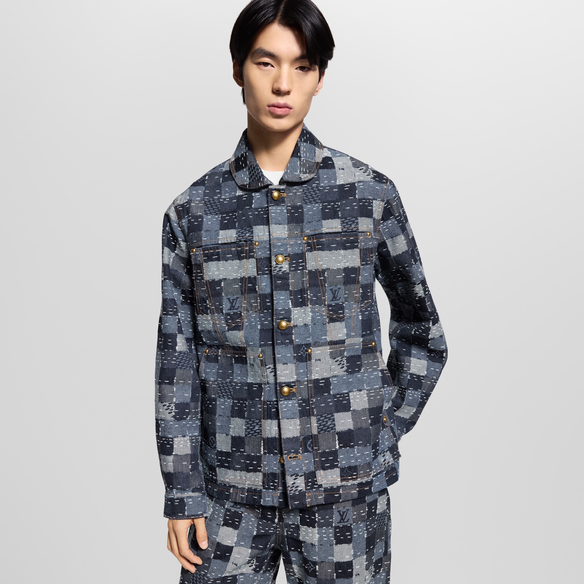 เสื้อแจ็คเก็ตบลูซงเดนิมสไตล์ Workwear ลาย Damier  in ผู้ชาย