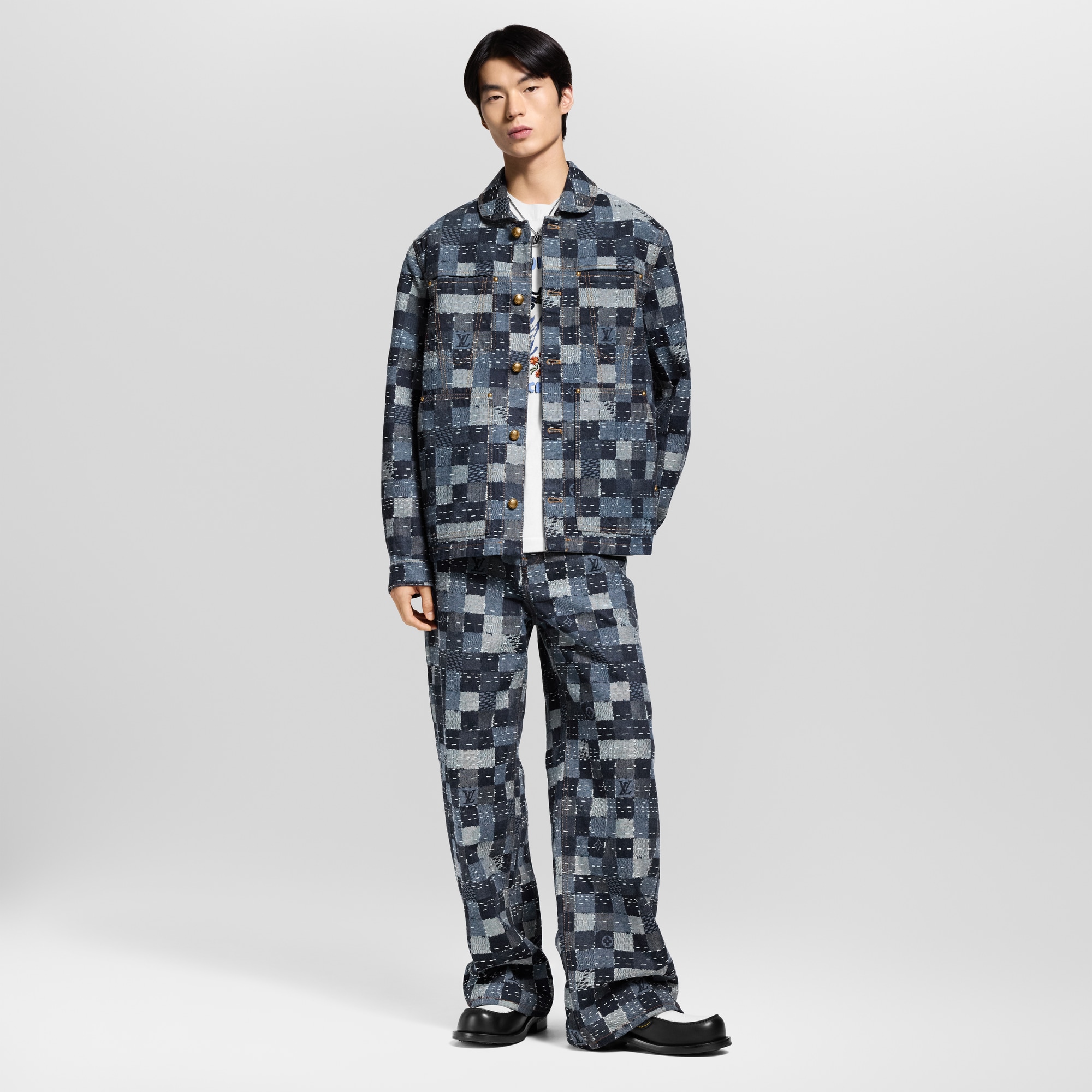 เสื้อแจ็คเก็ตบลูซงเดนิมสไตล์ Workwear ลาย Damier  in ผู้ชาย