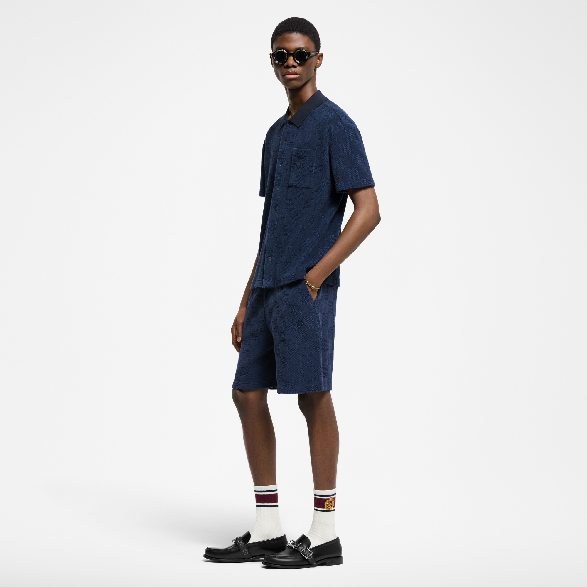 เสื้อเชิ้ตแขนสั้นผ้าคอตตอนผสม French Terry ลาย Damier  in ผู้ชาย