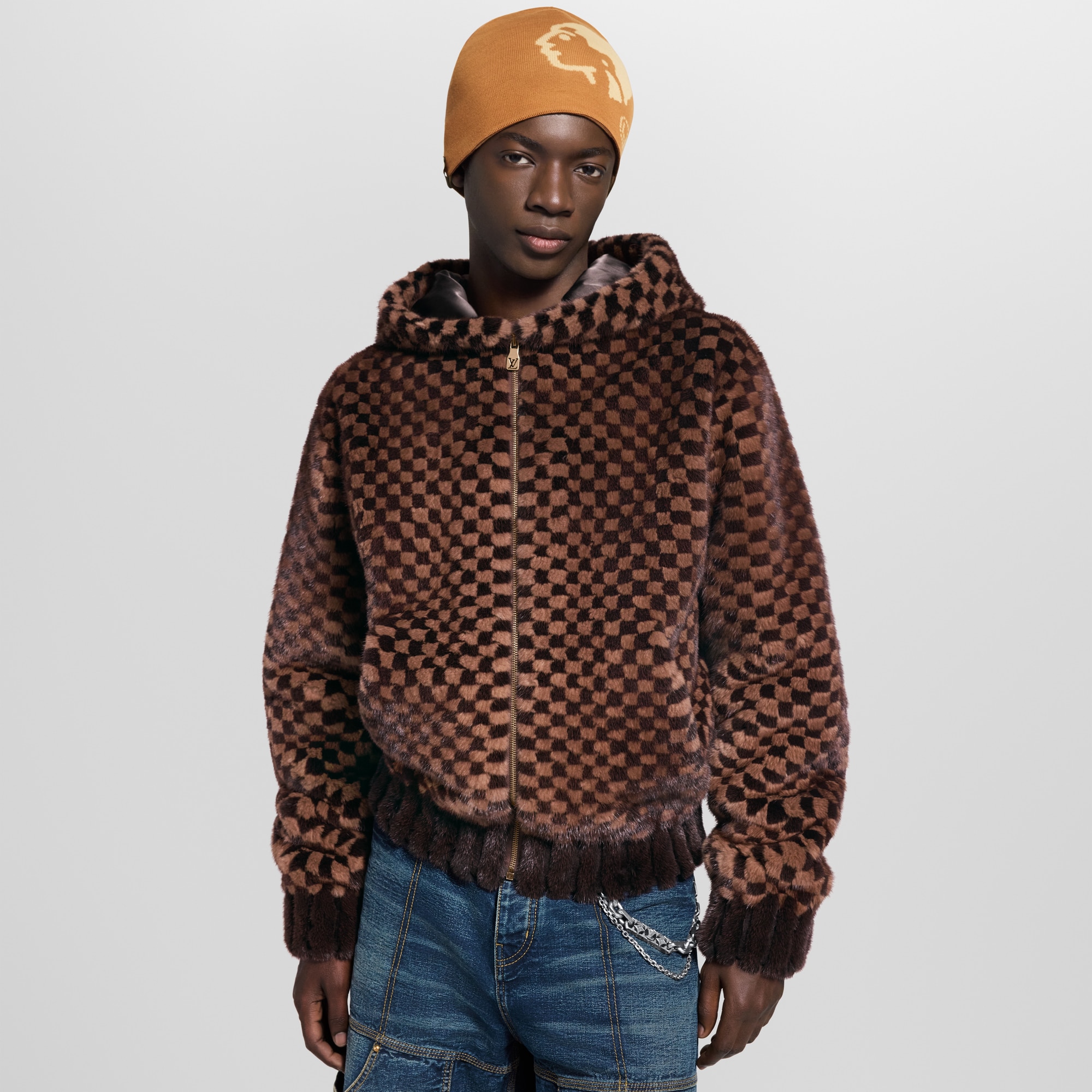 เสื้อฮู้ดขนมิงค์ซิปหน้าลาย Damier เทคนิค Intarsia  in ผู้ชาย