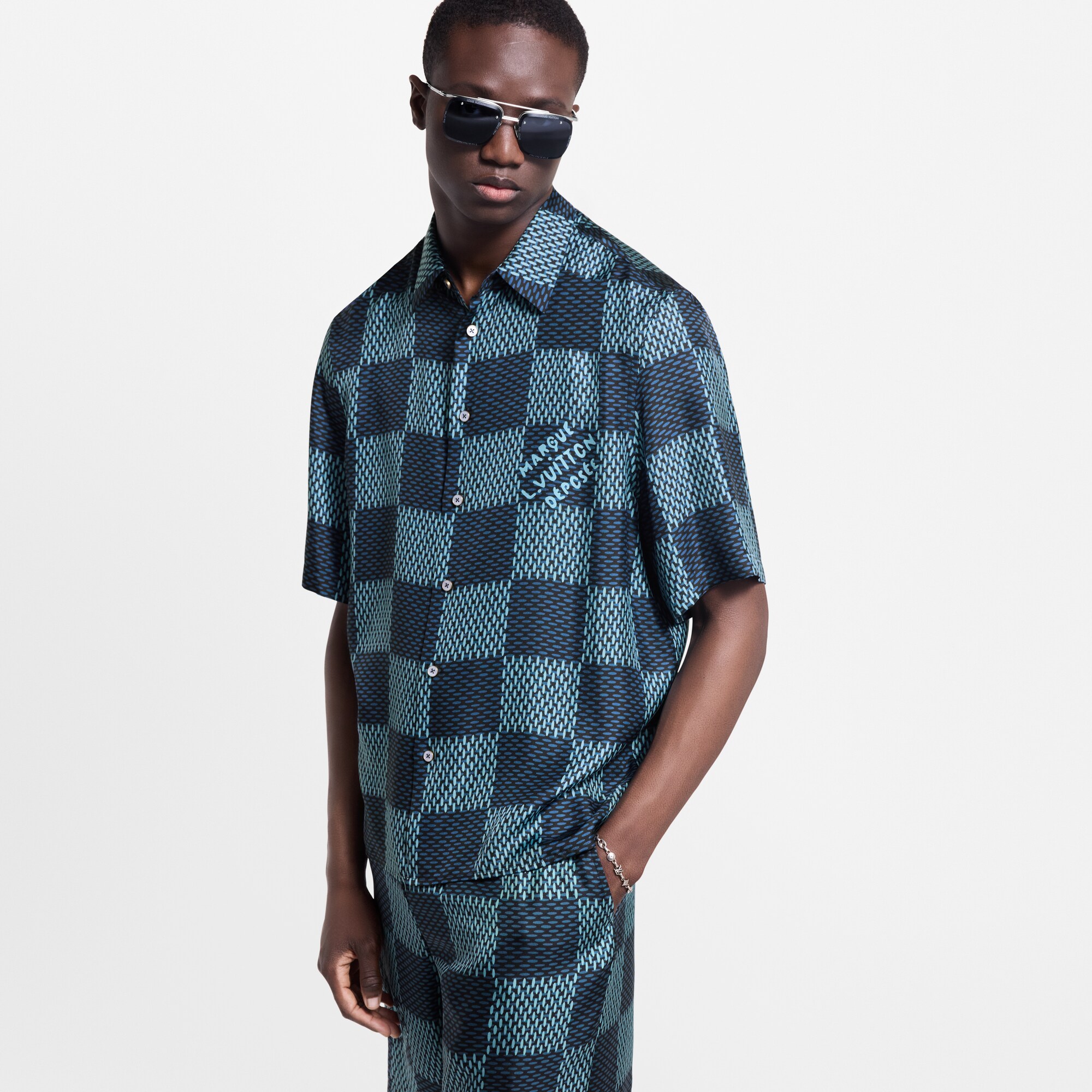 เสื้อเชิ้ตแขนสั้นผ้าไหมลาย Damier  in ผู้ชาย