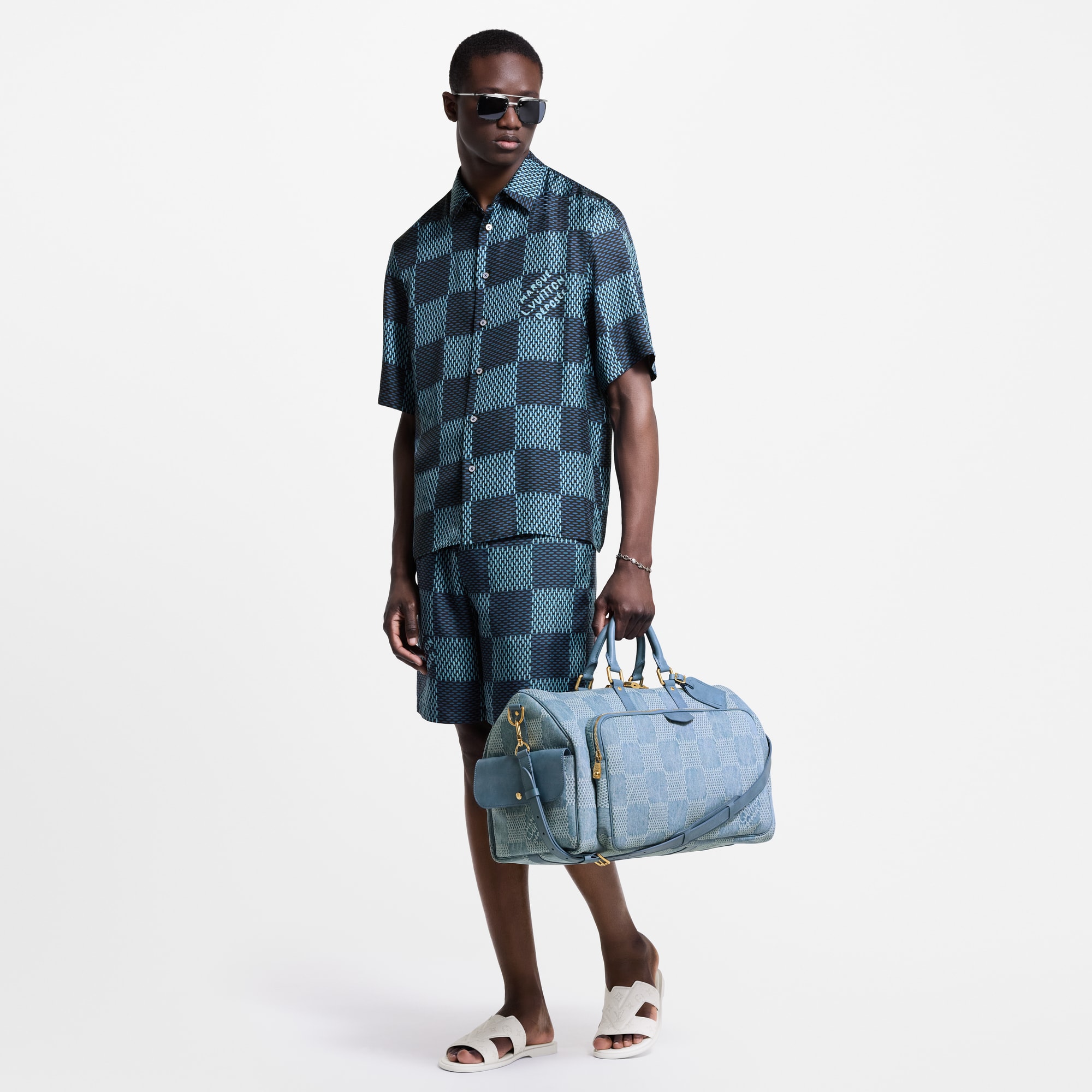 เสื้อเชิ้ตแขนสั้นผ้าไหมลาย Damier  in ผู้ชาย