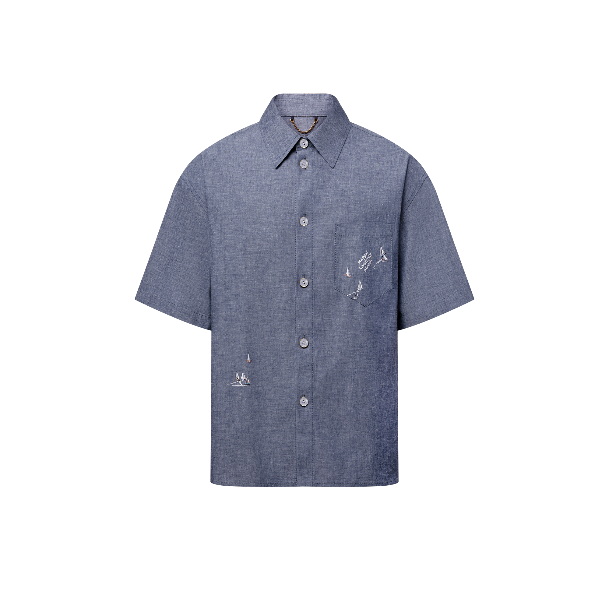 เสื้อเชิ้ตแขนสั้นผ้า Chambray ปักลาย  in ผู้ชาย