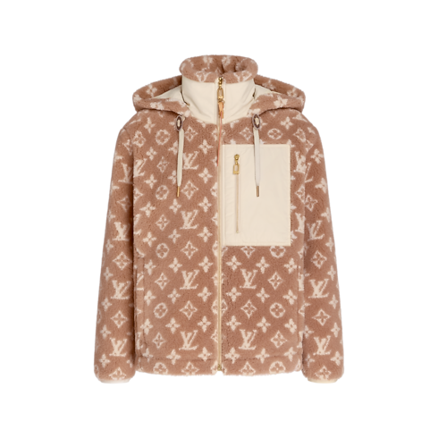 เสื้อแจ็คเก็ตมีฮู้ดผ้าฟลีซลาย Monogram front view