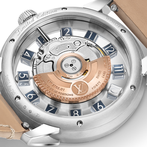 นาฬิการุ่น Tambour Taiko Spin Time Air Flying Tourbillon ระบบอัตโนมัติ 42.5 มม. ไวท์โกลด์ in นาฬิกา's คอลเลกชันทั้งหมด } collections by Louis Vuitton (การย่อ/ขยายผลิตภัณฑ์)