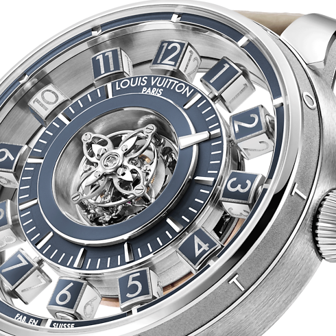 นาฬิการุ่น Tambour Taiko Spin Time Air Flying Tourbillon ระบบอัตโนมัติ 42.5 มม. ไวท์โกลด์ in นาฬิกา's คอลเลกชันทั้งหมด } collections by Louis Vuitton (การย่อ/ขยายผลิตภัณฑ์)