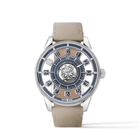 นาฬิการุ่น Tambour Taiko Spin Time Air Flying Tourbillon ระบบอัตโนมัติ 42.5 มม. ไวท์โกลด์ in นาฬิกา's คอลเลกชันทั้งหมด } collections by Louis Vuitton (การย่อ/ขยายผลิตภัณฑ์)
