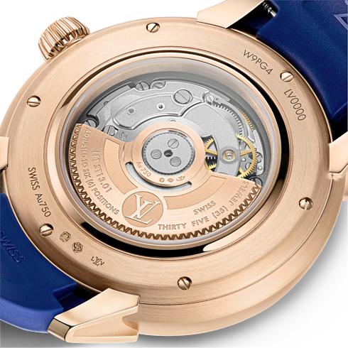 นาฬิการุ่น Tambour Spin Time ระบบอัตโนมัติ 39.5 มม. สีโรสโกลด์ โอปอล และแซฟไฟร์สีน้ำเงิน in นาฬิกา's คอลเลกชันทั้งหมด } collections by Louis Vuitton (การย่อ/ขยายผลิตภัณฑ์)