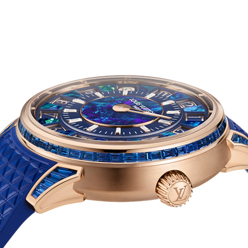 นาฬิการุ่น Tambour Spin Time ระบบอัตโนมัติ 39.5 มม. สีโรสโกลด์ โอปอล และแซฟไฟร์สีน้ำเงิน in นาฬิกา's คอลเลกชันทั้งหมด } collections by Louis Vuitton (การย่อ/ขยายผลิตภัณฑ์)