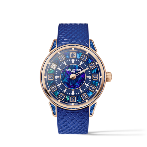 นาฬิการุ่น Tambour Spin Time ระบบอัตโนมัติ 39.5 มม. สีโรสโกลด์ โอปอล และแซฟไฟร์สีน้ำเงิน in นาฬิกา's คอลเลกชันทั้งหมด } collections by Louis Vuitton (การย่อ/ขยายผลิตภัณฑ์)