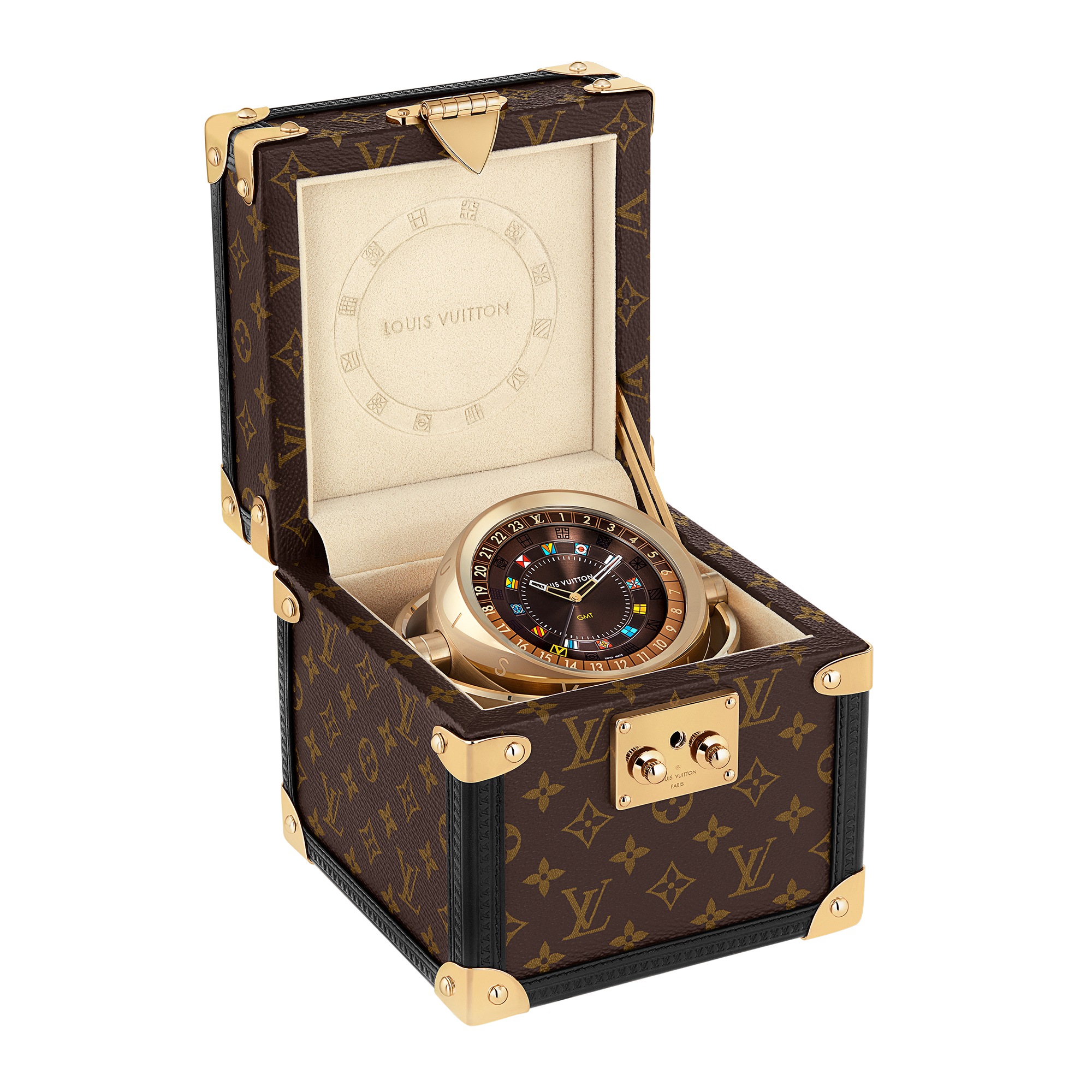 นาฬิกาตั้งโต๊ะรุ่น Trunk ระบบควอตซ์ 80 มม. โลหะและ Monogram  in นาฬิกา