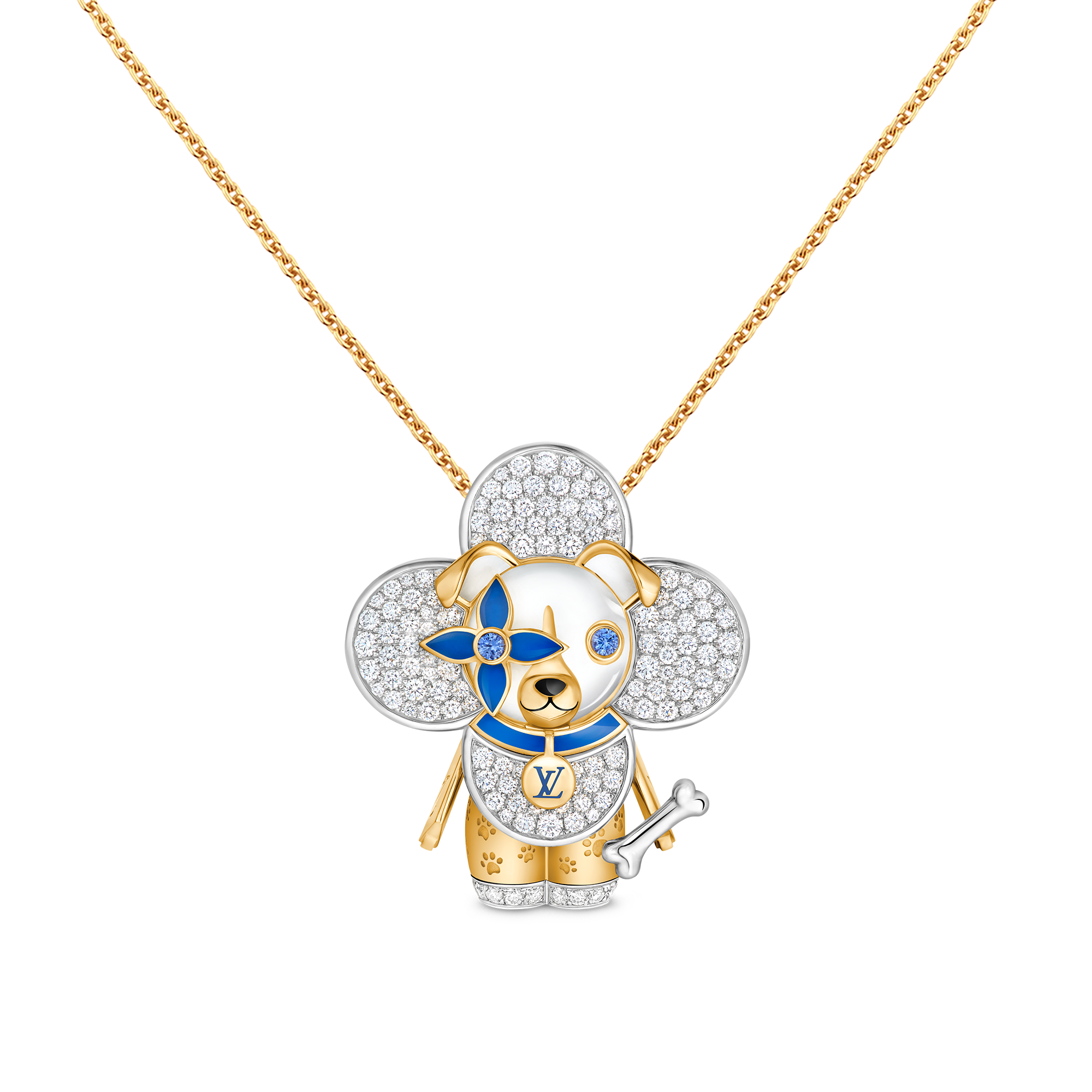 จี้ Vivienne Dog เยลโลว์โกลด์ ไวท์โกลด์ แลคเกอร์ เพชร และอัญมณี  in Les Extraordinaires